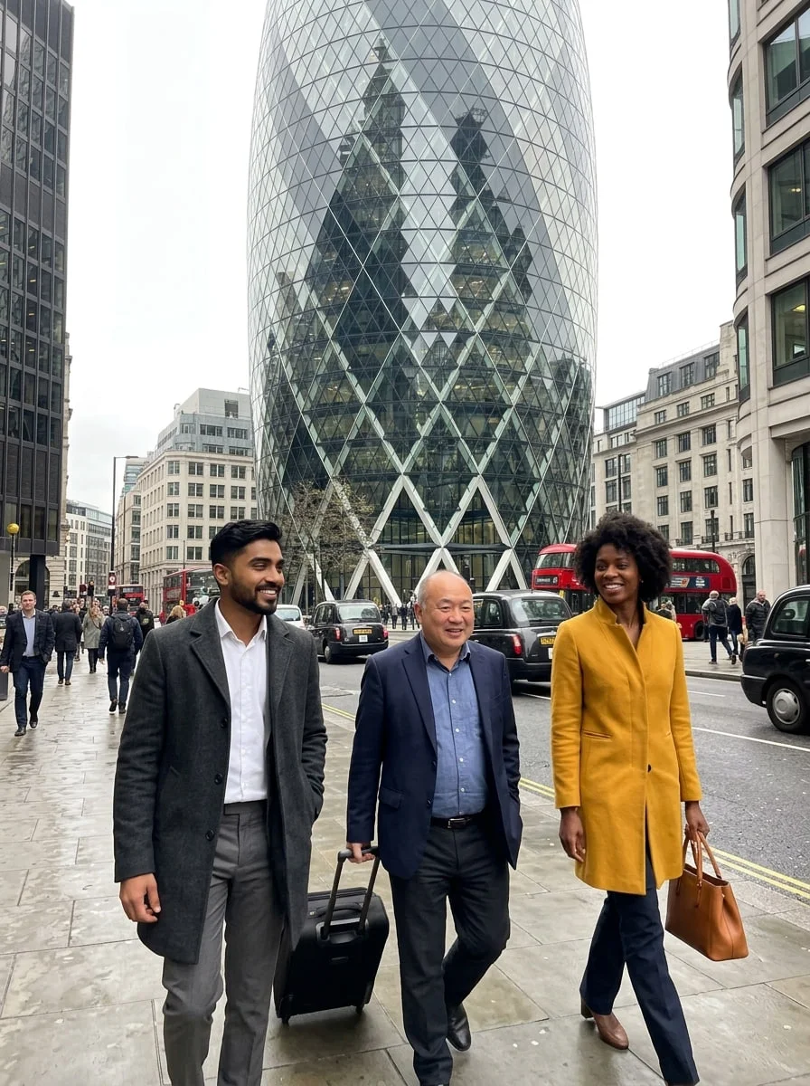 MONDEXA team members walking in the City of London near the Gherkin