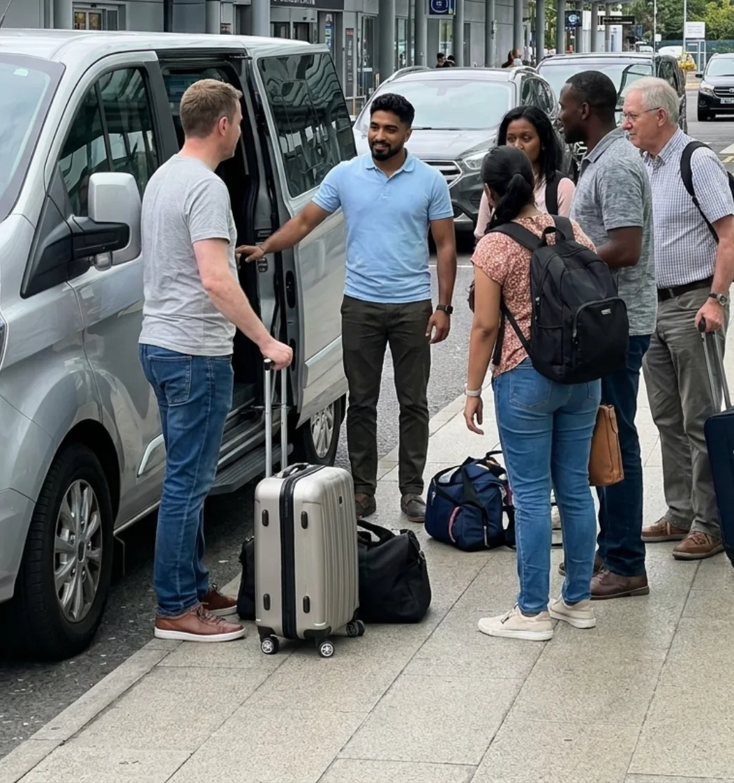 MONDEXA representative helping visitors beside an arrival vehicle